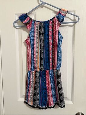 Striped Bandana Print Cold-Shoulder Romper in Blue & Red lids 7/8